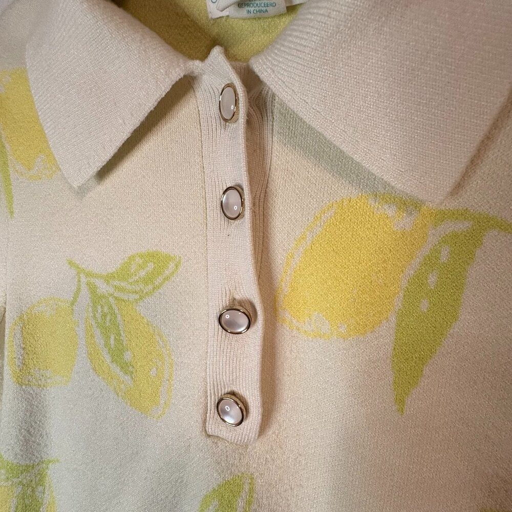 Cynthia Rowley Cream Knit Short Sleeve Polo with Yellow Lemon Print